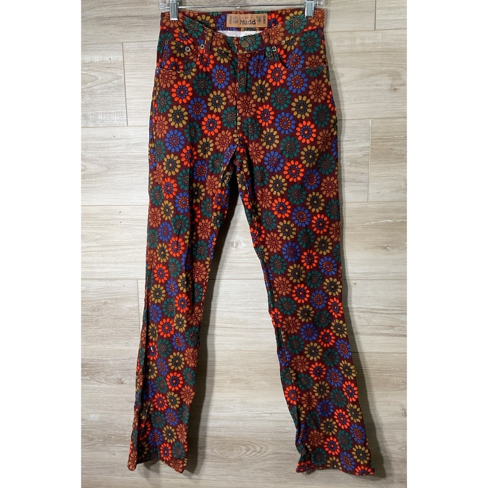 Women's Mudd 100% Cotton Corduroy Colorful Flower Pants Size 7 Hippie Boho 70's
